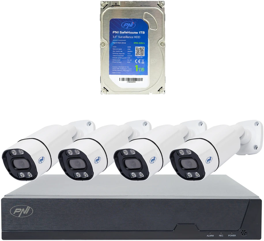 PNI House IPMAX POE 8 vaizdo stebėjimo sistemos komplektas, NVR su 4 kameromis ir PNI SafeHouse 1TB HDD