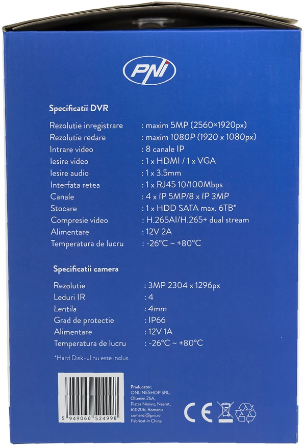 PNI House WiFi660 NVR 8 kanalų vaizdo stebėjimo rinkinys ir 4 lauko belaidės kameros 3Mpx, P2P, IP66