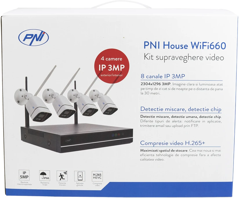 PNI House WiFi660 NVR 8 kanalų vaizdo stebėjimo rinkinys ir 4 lauko belaidės kameros 3Mpx, P2P, IP66