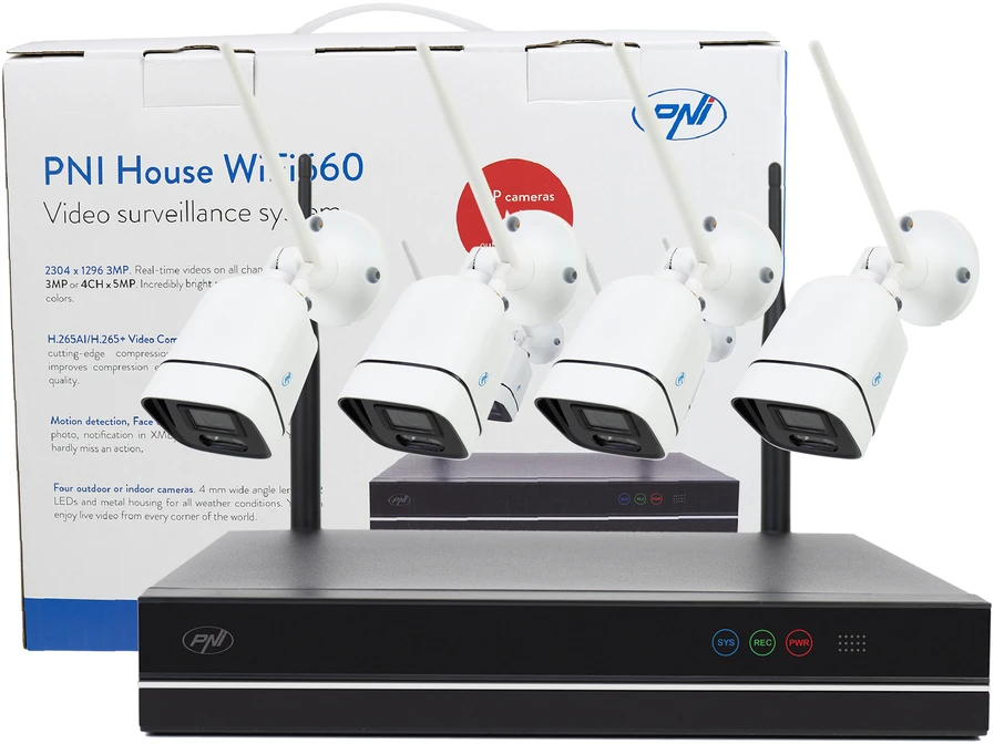 PNI House WiFi660 NVR 8 kanalų vaizdo stebėjimo rinkinys ir 4 lauko belaidės kameros 3Mpx, P2P, IP66