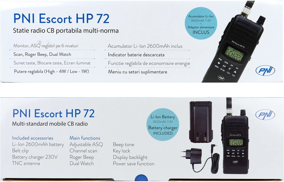 PNI HP 72 Escort HP 72 nešiojama CB radijo stotelė, daugiastandartė, 4W, AM-FM, 6 lygių reguliuojamas ASQ, dvigubas stebėjimas (Dual Watch), nuskaitymas (Scan), užraktas, Roger Beep signalas