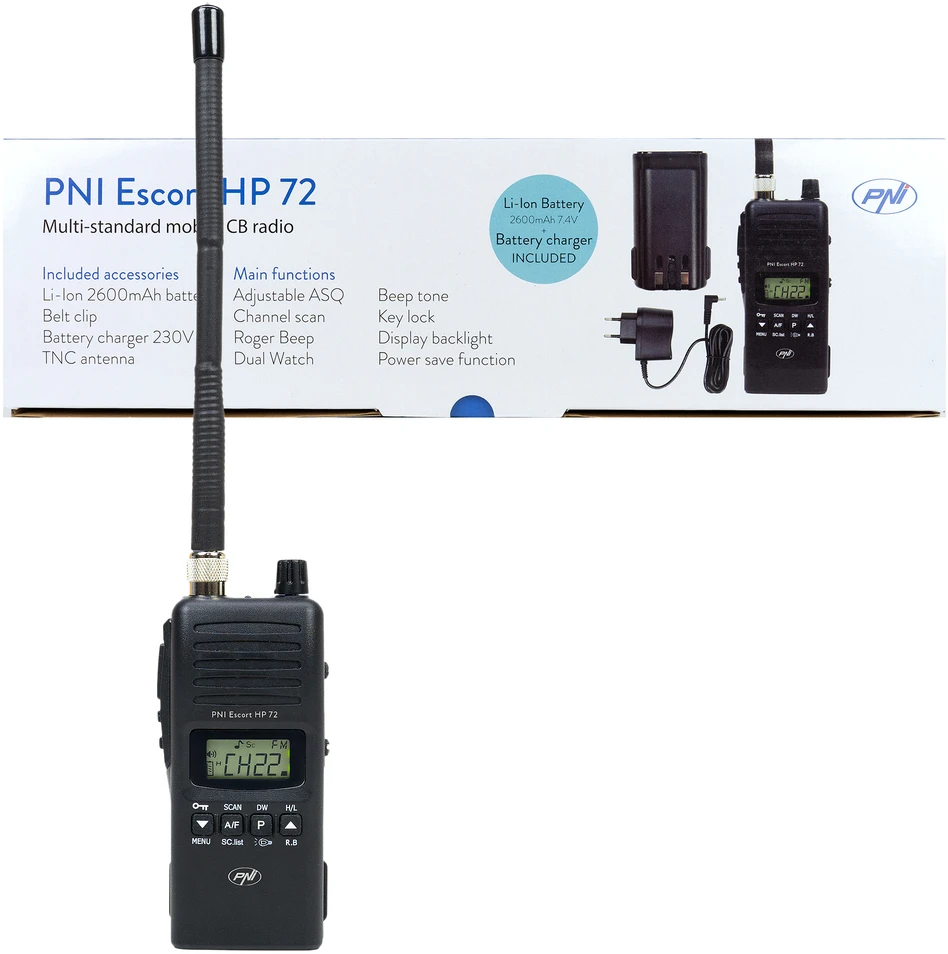 PNI HP 72 Escort HP 72 nešiojama CB radijo stotelė, daugiastandartė, 4W, AM-FM, 6 lygių reguliuojamas ASQ, dvigubas stebėjimas (Dual Watch), nuskaitymas (Scan), užraktas, Roger Beep signalas
