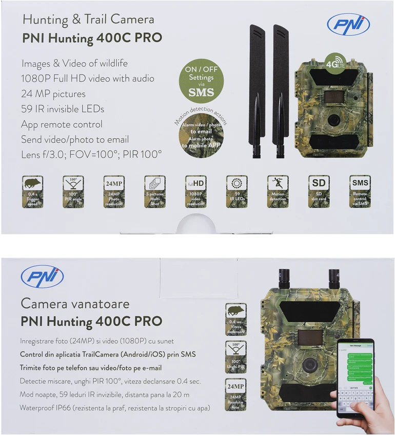PNI Hunting 400C PRO 24MP medžioklės kamera su 4G LTE internetu, GPS, vienu metu perduoda vaizdo įrašus ir nuotraukas į telefoną, 4 el. pašto adresus, FTP, Full HD 1080P, naktinis matymas, 59 nematomi šviesos diodai gyvūnams