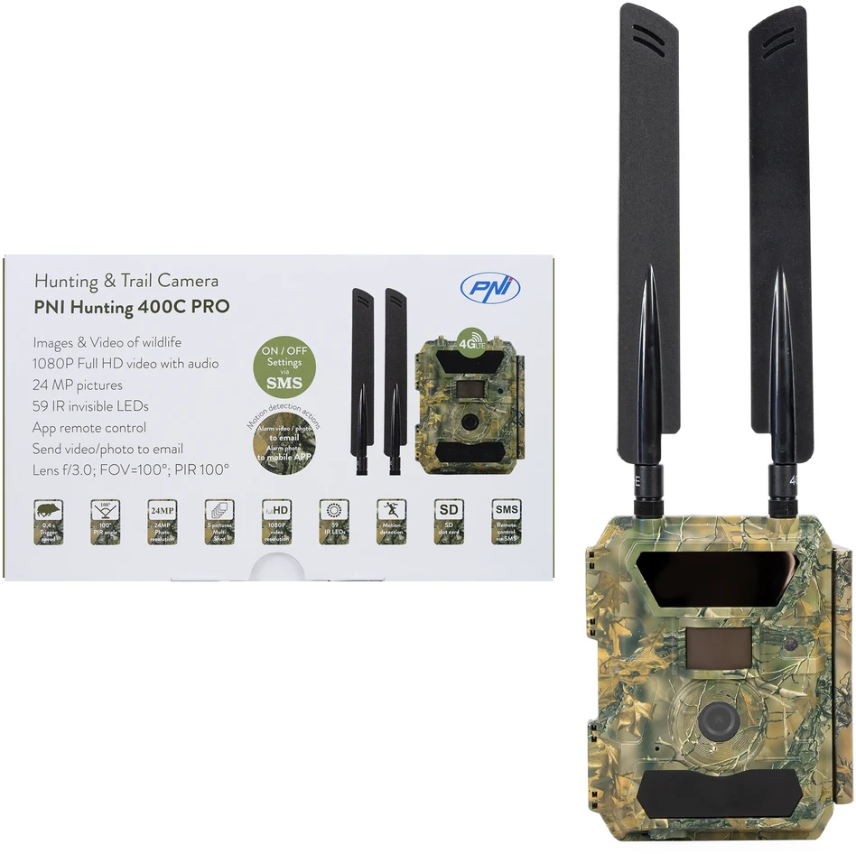 PNI Hunting 400C PRO 24MP medžioklės kamera su 4G LTE internetu, GPS, vienu metu perduoda vaizdo įrašus ir nuotraukas į telefoną, 4 el. pašto adresus, FTP, Full HD 1080P, naktinis matymas, 59 nematomi šviesos diodai gyvūnams