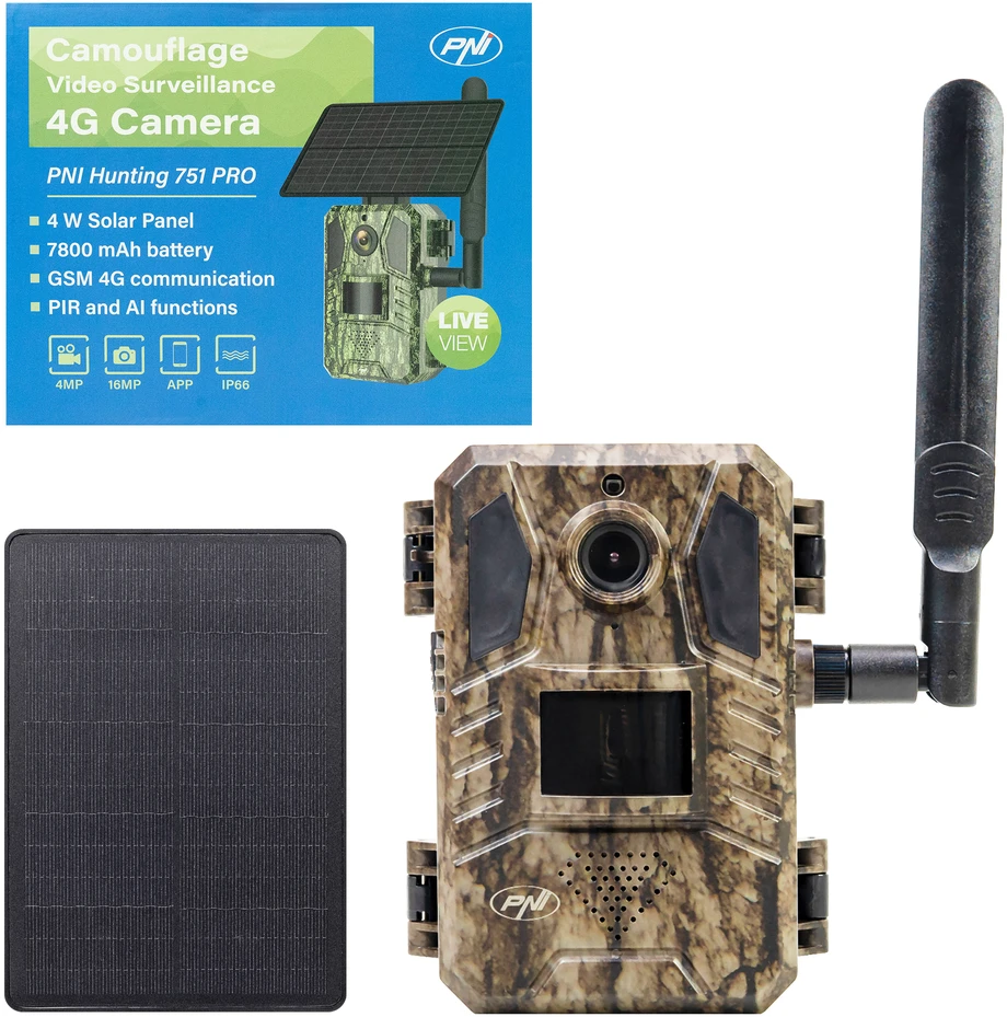 PNI Hunting 751 PRO kamufliažinė vaizdo stebėjimo kamera, 16MP, 4G LTE, GPS, naktinis matymas, nematomi šviesos diodai gyvūnams, IP66