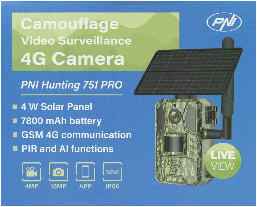 PNI Hunting 751 PRO kamufliažinė vaizdo stebėjimo kamera, 16MP, 4G LTE, GPS, naktinis matymas, nematomi šviesos diodai gyvūnams, IP66