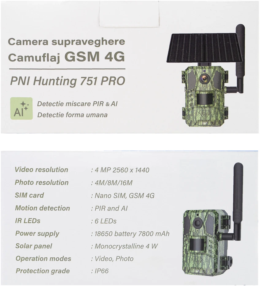 PNI Hunting 751 PRO kamufliažinė vaizdo stebėjimo kamera, 16MP, 4G LTE, GPS, naktinis matymas, nematomi šviesos diodai gyvūnams, IP66