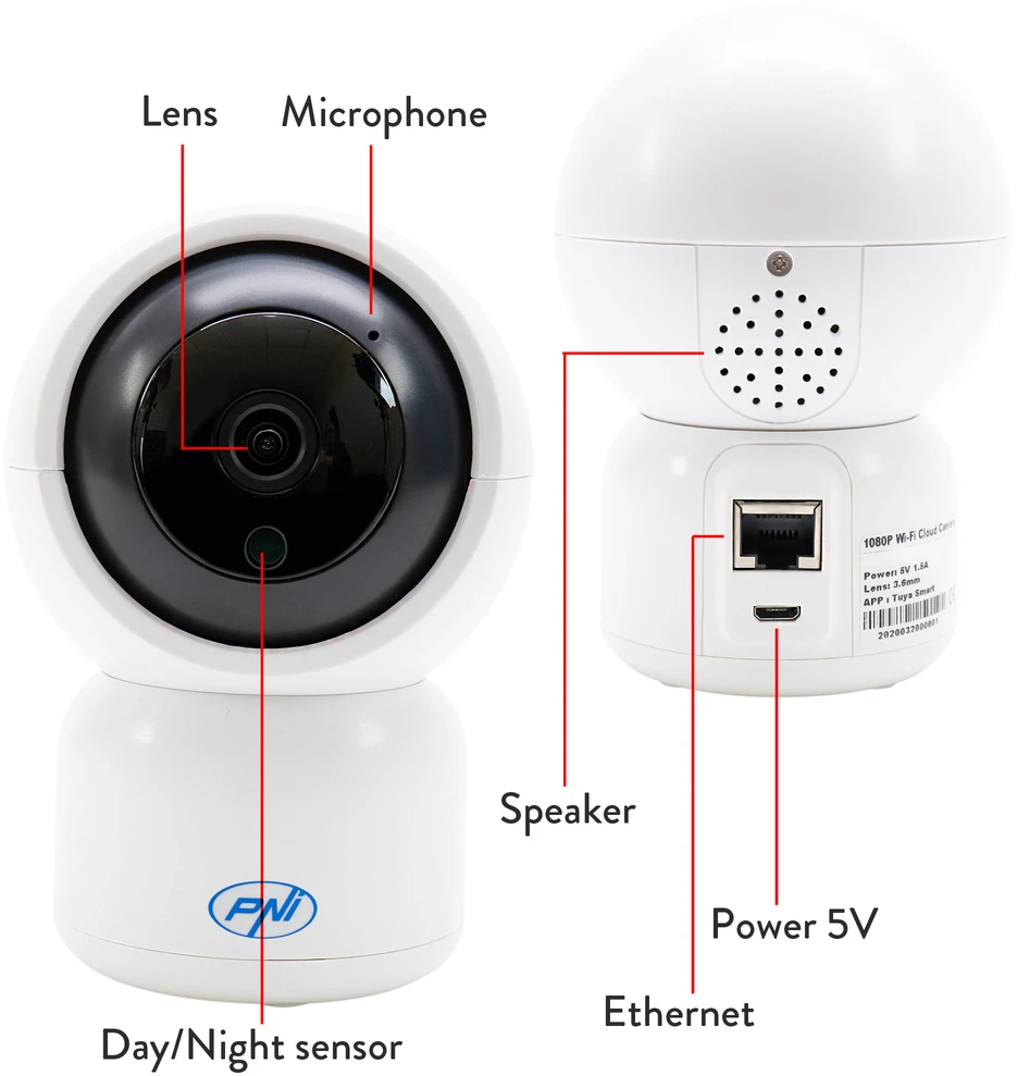 PNI IP390T 1080P vaizdo stebėjimo kamera su PTZ WiFi H264 +, palaiko 128GB Micro SD, naktinis matymas, Tuya programėlė, P2P, Android, iOS, skirta naudoti patalpose, sukiojasi paskui judesį, judesio aptikimo signalizacija