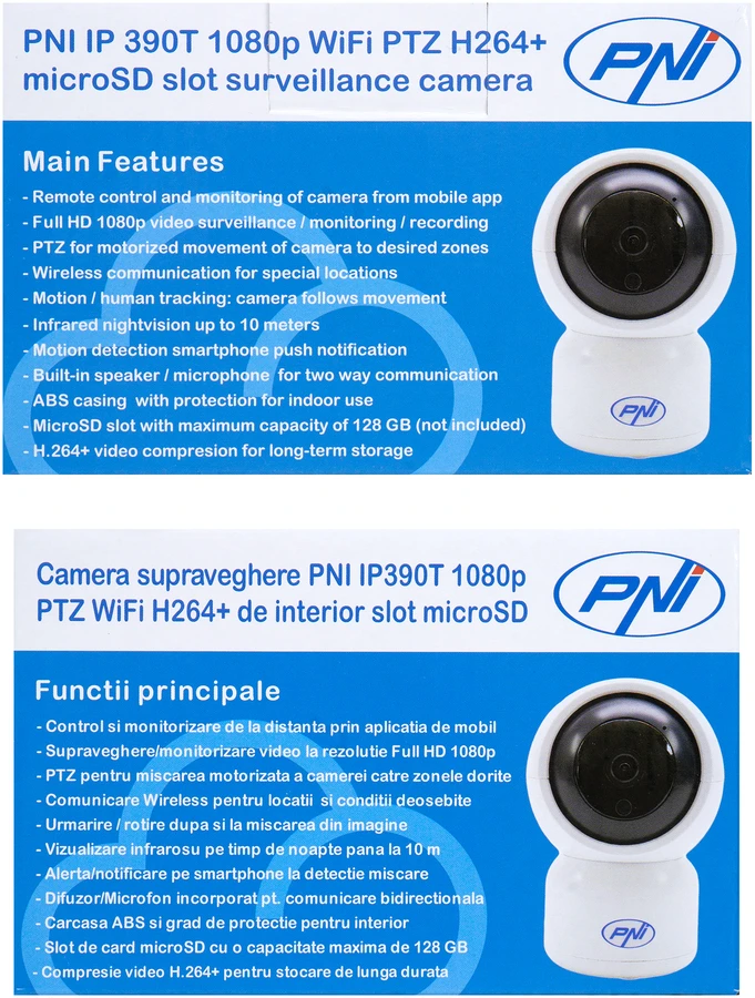 PNI IP390T 1080P vaizdo stebėjimo kamera su PTZ WiFi H264 +, palaiko 128GB Micro SD, naktinis matymas, Tuya programėlė, P2P, Android, iOS, skirta naudoti patalpose, sukiojasi paskui judesį, judesio aptikimo signalizacija