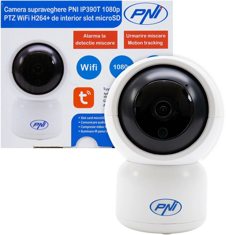 PNI IP390T 1080P vaizdo stebėjimo kamera su PTZ WiFi H264 +, palaiko 128GB Micro SD, naktinis matymas, Tuya programėlė, P2P, Android, iOS, skirta naudoti patalpose, sukiojasi paskui judesį, judesio aptikimo signalizacija