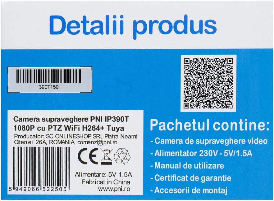 PNI IP390T 1080P vaizdo stebėjimo kamera su PTZ WiFi H264 +, palaiko 128GB Micro SD, naktinis matymas, Tuya programėlė, P2P, Android, iOS, skirta naudoti patalpose, sukiojasi paskui judesį, judesio aptikimo signalizacija
