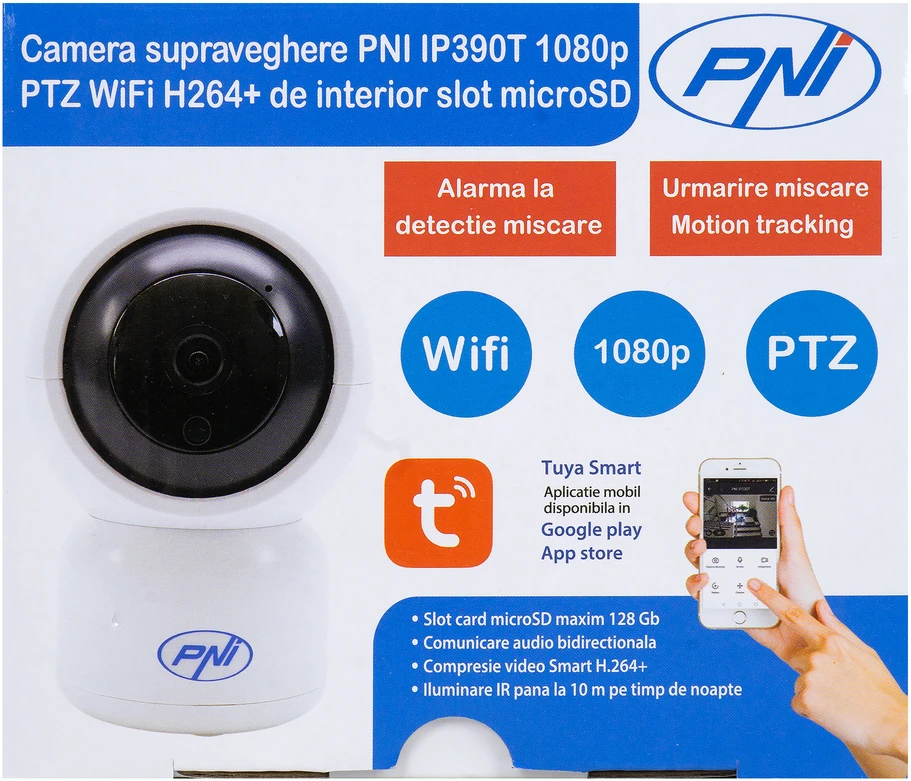 PNI IP390T 1080P vaizdo stebėjimo kamera su PTZ WiFi H264 +, palaiko 128GB Micro SD, naktinis matymas, Tuya programėlė, P2P, Android, iOS, skirta naudoti patalpose, sukiojasi paskui judesį, judesio aptikimo signalizacija