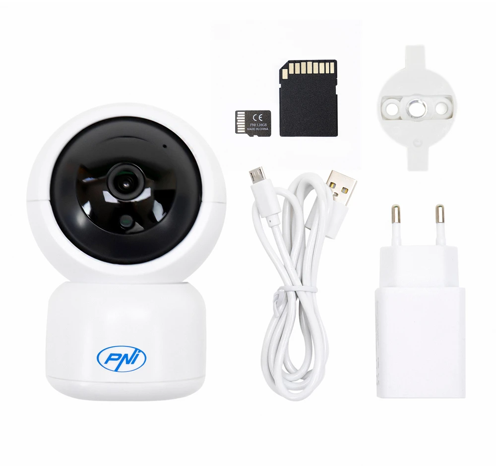 PNI IP390T 1080P vaizdo stebėjimo kameros komplektas su PTZ WiFi H264+MicroSD atminties kortele PNI 128GB su SD adapteriu