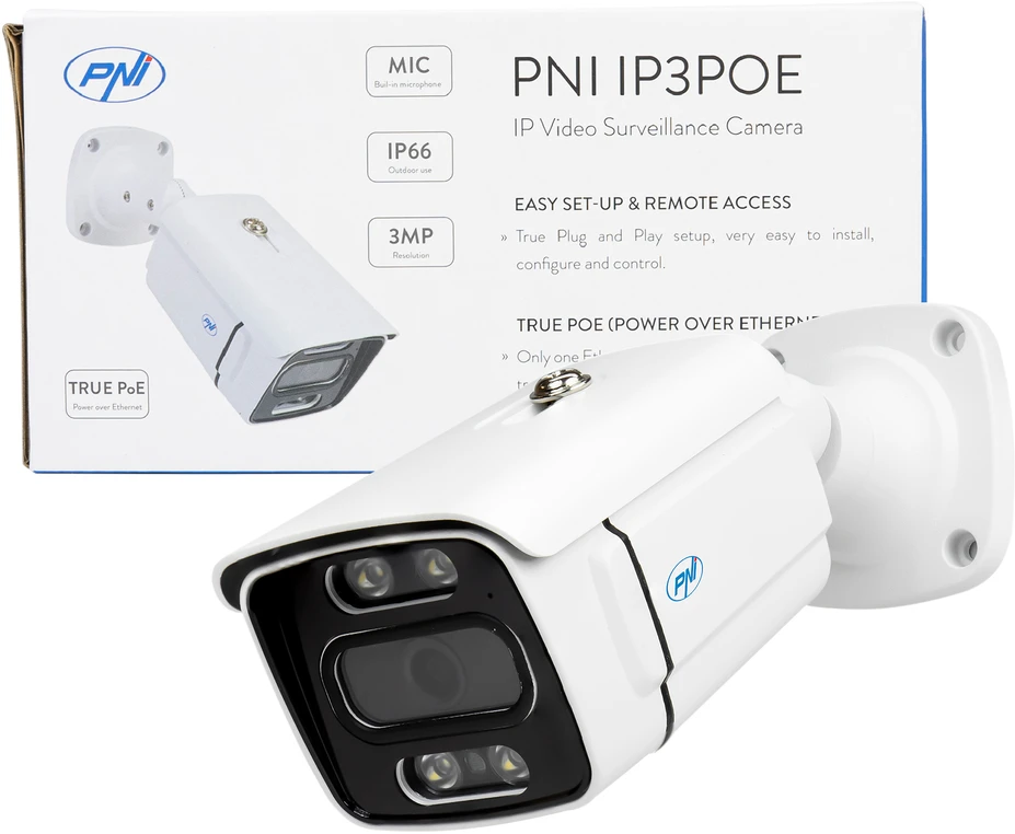 PNI IP3POE vaizdo stebėjimo kamera su IP, 3MP, lauko IP66, integruotas mikrofonas, suderinama su POE stebėjimo sistema PNI House IPMAX POE 3 ir PNI House IPMAX POE 3LR