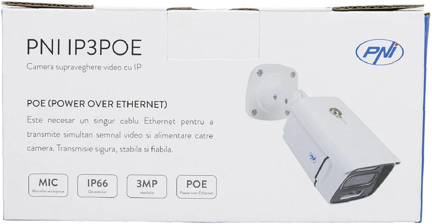 PNI IP3POE vaizdo stebėjimo kamera su IP, 3MP, lauko IP66, integruotas mikrofonas, suderinama su POE stebėjimo sistema PNI House IPMAX POE 3 ir PNI House IPMAX POE 3LR