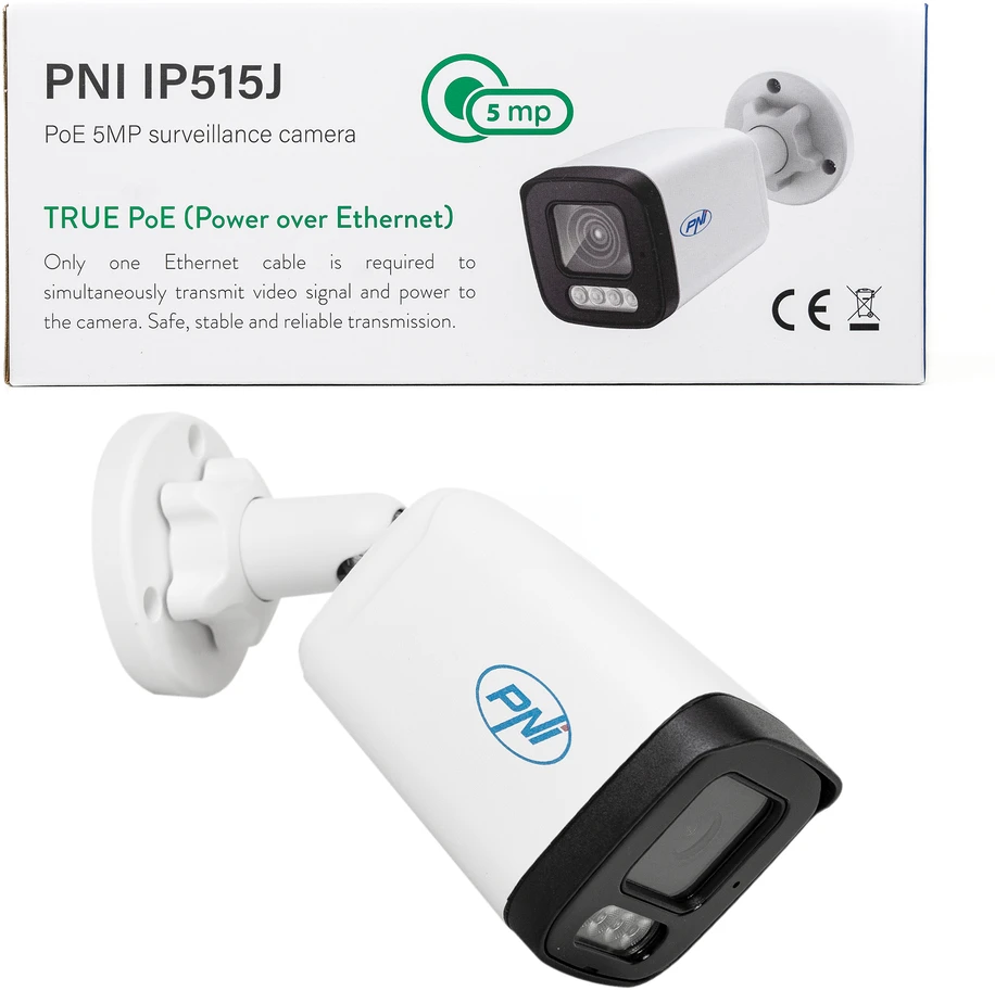 PNI IP515J POE vaizdo stebėjimo kamera, bullet 5MP, 2.8mm, skirta naudoti lauke, dvipusis garsas, balta