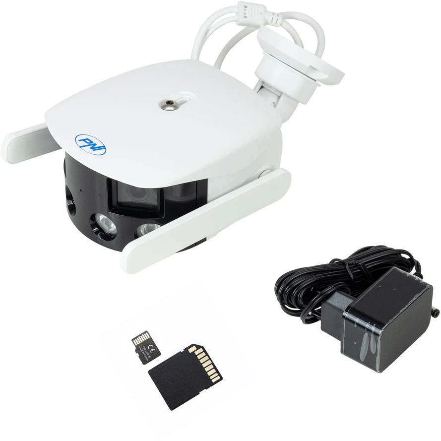 PNI IP590 vaizdo stebėjimo kamerų komplektas, belaidis, su IP, dvigubas objektyvas, 2 x 2MP + PNI 128GB MicroSD atminties kortelė su SD adapteriu