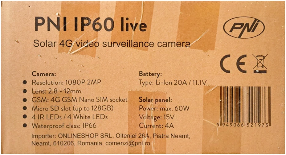PNI IP60 tiesioginio vaizdo PTZ stebėjimo kamera su saulės baterija, 2MP, GSM 4G, SIM lizdas, skirta naudoti lauke ir viduje