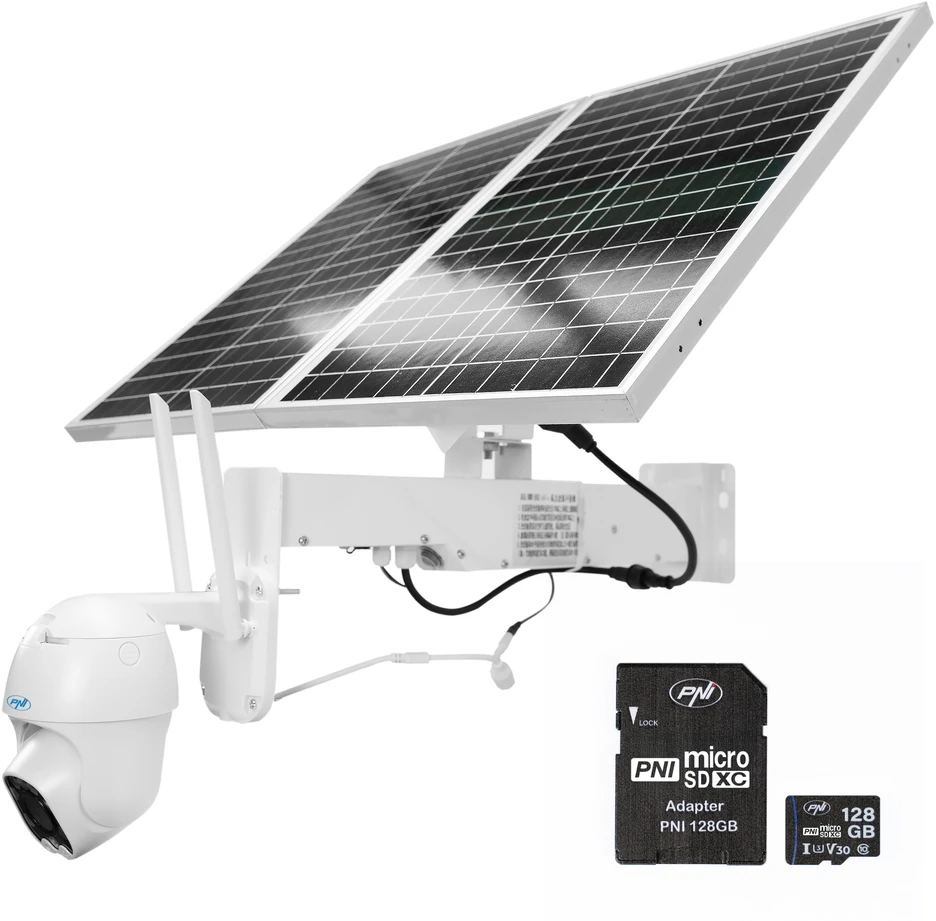 PNI IP60 tiesioginio vaizdo PTZ stebėjimo kameros komplektas su saulės baterija, 2MP, GSM 4G ir 128GB PNI MicroSD kortele