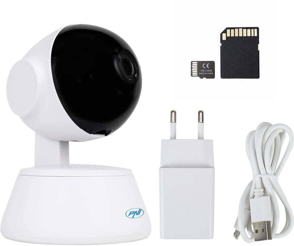 PNI IP720LR, 1080P, 2MP, IP, P2P, PTZ vaizdo stebėjimo kameros komplektas ir pridedama PNI 128GB Micro SD atminties kortelė