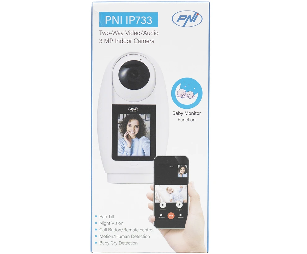 PNI IP733 3MP vaizdo stebėjimo kamera, dvipusis garso ir vaizdo ryšys, su Bluetooth SOS iškvietimo mygtuku, ekranu, kūdikio stebėjimo funkcija