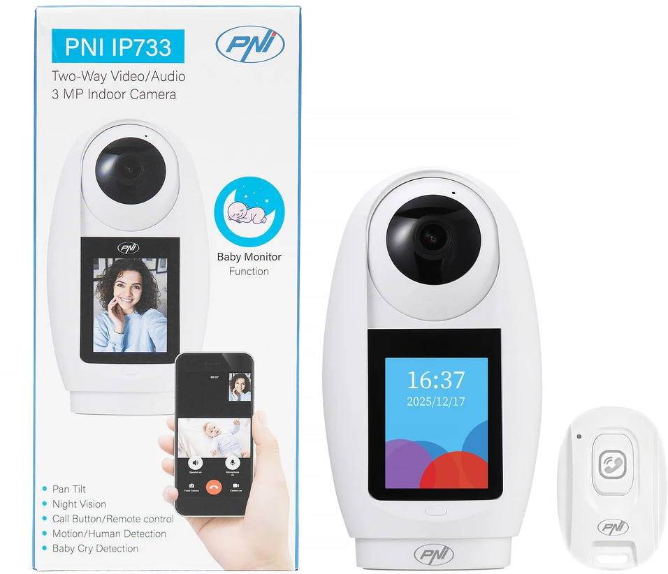PNI IP733 3MP vaizdo stebėjimo kamera, dvipusis garso ir vaizdo ryšys, su Bluetooth SOS iškvietimo mygtuku, ekranu, kūdikio stebėjimo funkcija