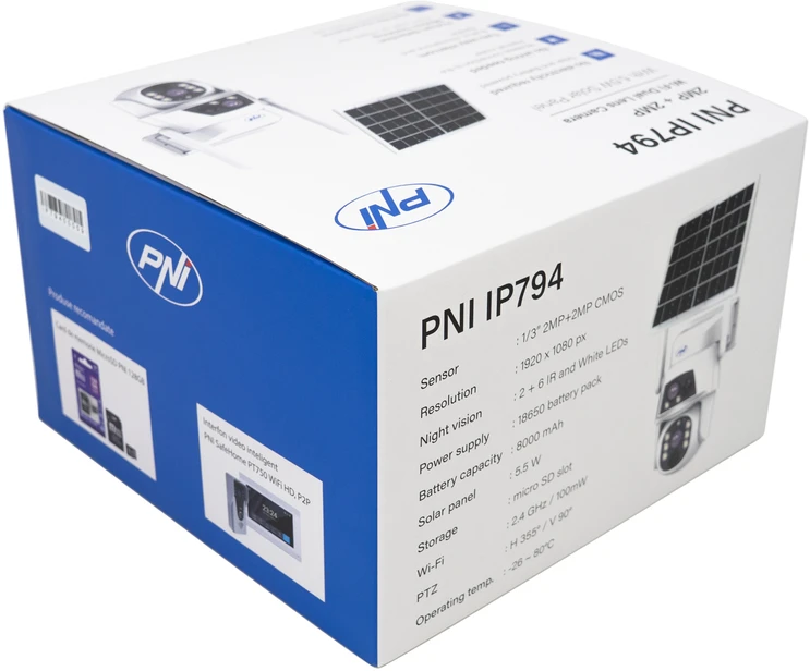 PNI IP794 vaizdo stebėjimo kamera su „Wi-Fi“, PTZ, dvigubu objektyvu 2MP + 2MP, 5,5W saulės baterija, 8000mAh akumuliatoriumi