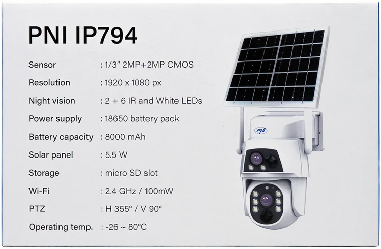 PNI IP794 vaizdo stebėjimo kamera su „Wi-Fi“, PTZ, dvigubu objektyvu 2MP + 2MP, 5,5W saulės baterija, 8000mAh akumuliatoriumi