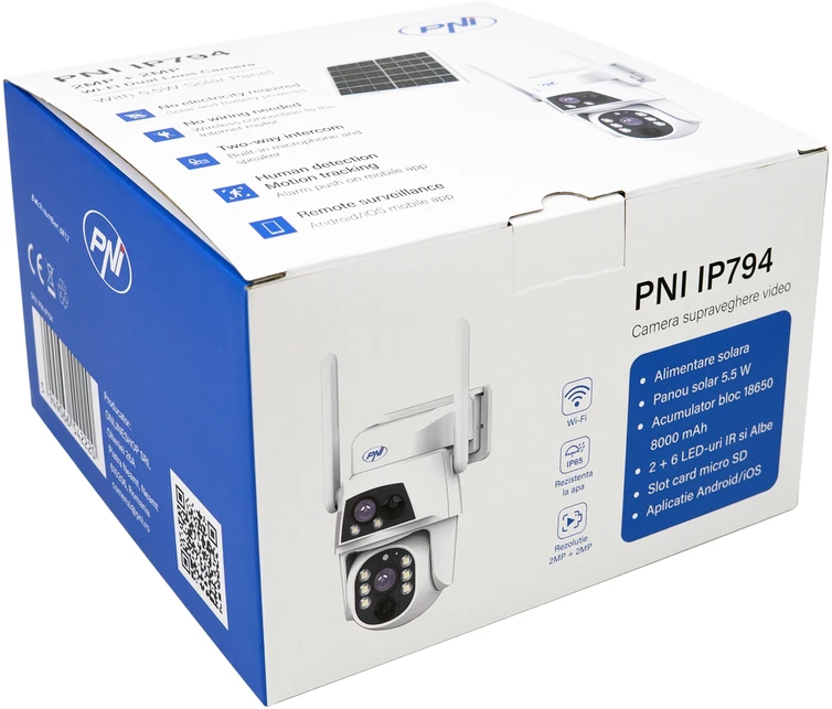 PNI IP794 vaizdo stebėjimo kamera su „Wi-Fi“, PTZ, dvigubu objektyvu 2MP + 2MP, 5,5W saulės baterija, 8000mAh akumuliatoriumi