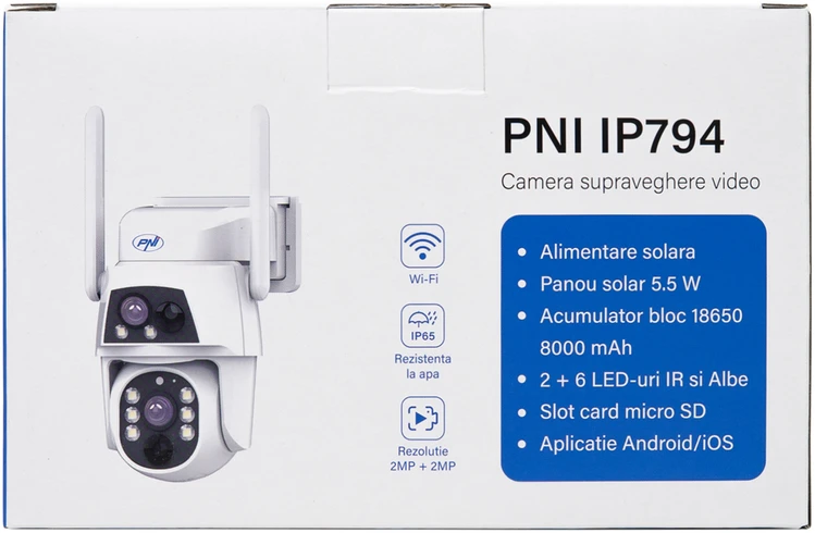 PNI IP794 vaizdo stebėjimo kamera su „Wi-Fi“, PTZ, dvigubu objektyvu 2MP + 2MP, 5,5W saulės baterija, 8000mAh akumuliatoriumi