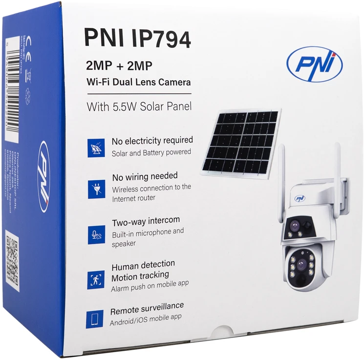 PNI IP794 vaizdo stebėjimo kamera su „Wi-Fi“, PTZ, dvigubu objektyvu 2MP + 2MP, 5,5W saulės baterija, 8000mAh akumuliatoriumi