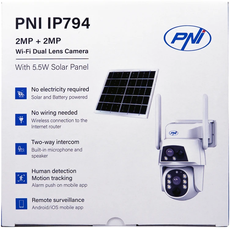 PNI IP794 vaizdo stebėjimo kamera su „Wi-Fi“, PTZ, dvigubu objektyvu 2MP + 2MP, 5,5W saulės baterija, 8000mAh akumuliatoriumi