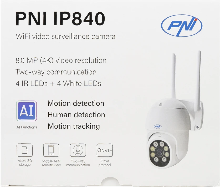 PNI IP840 belaidė vaizdo stebėjimo kamera, WiFi, PTZ, 8MP 4K, micro SD lizdas, autonominė, AI funkcijos, ONVIF