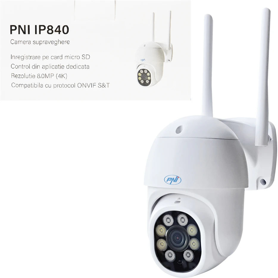 PNI IP840 belaidė vaizdo stebėjimo kamera, WiFi, PTZ, 8MP 4K, micro SD lizdas, autonominė, AI funkcijos, ONVIF