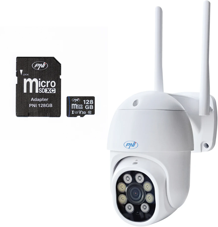 PNI IP840 belaidė vaizdo stebėjimo kamera + PNI 128GB WiFi kortelė, PTZ, 8MP 4K, micro SD lizdas, autonominė, AI funkcijos, ONVIF, ICSee programėlė