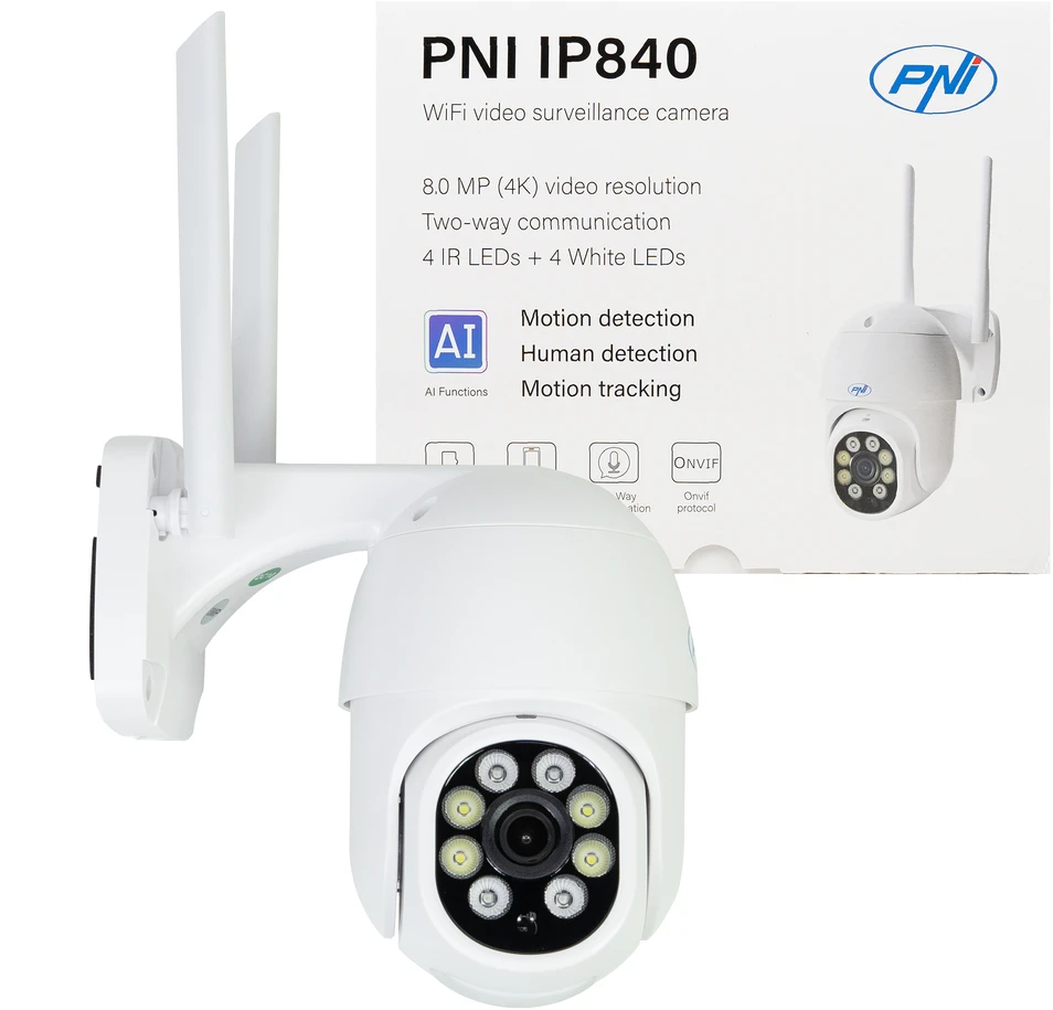 PNI IP840 belaidė vaizdo stebėjimo kamera, WiFi, PTZ, 8MP 4K, micro SD lizdas, autonominė, AI funkcijos, ONVIF