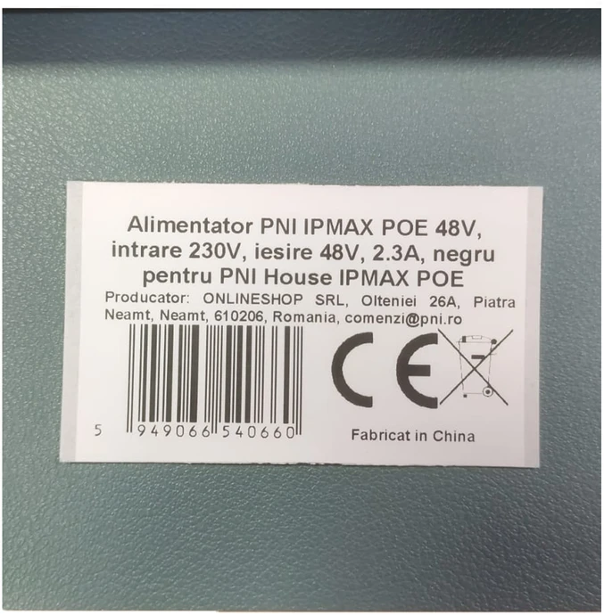 PNI IPMAX POE 48V maitinimo šaltinis, 230V įvestis, 48V išvestis, 2.3A, juodas, skirtas PNI House IPMAX POE
