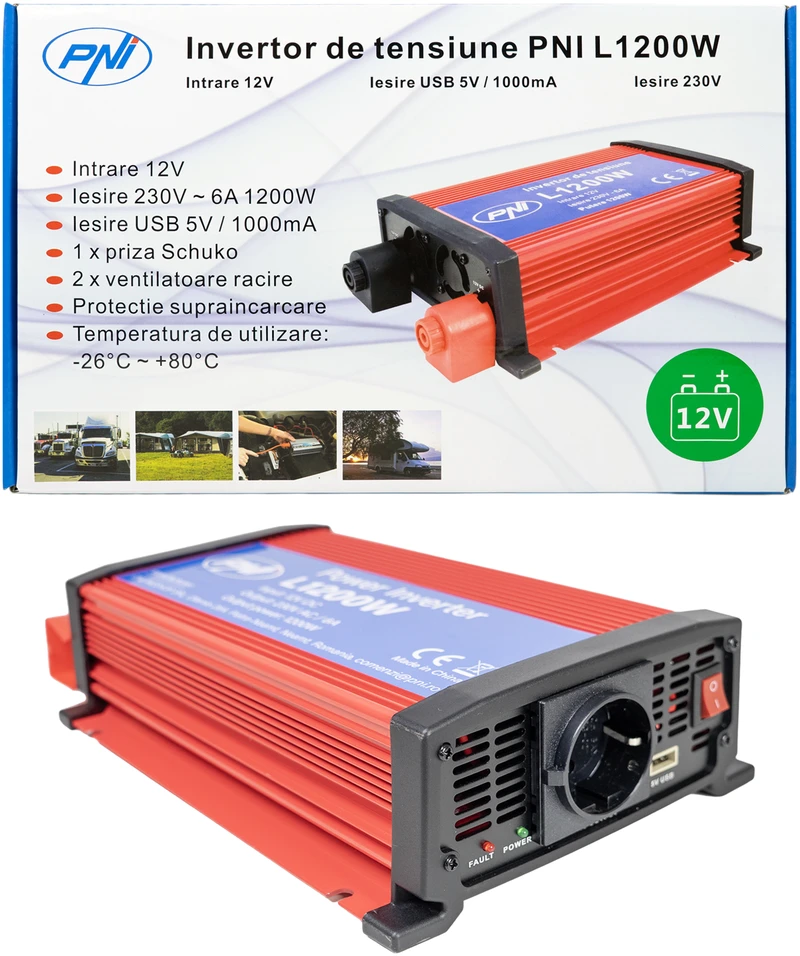 PNI įtampos keitiklis L1200W maitinimo šaltinis 12V 230V išvestis