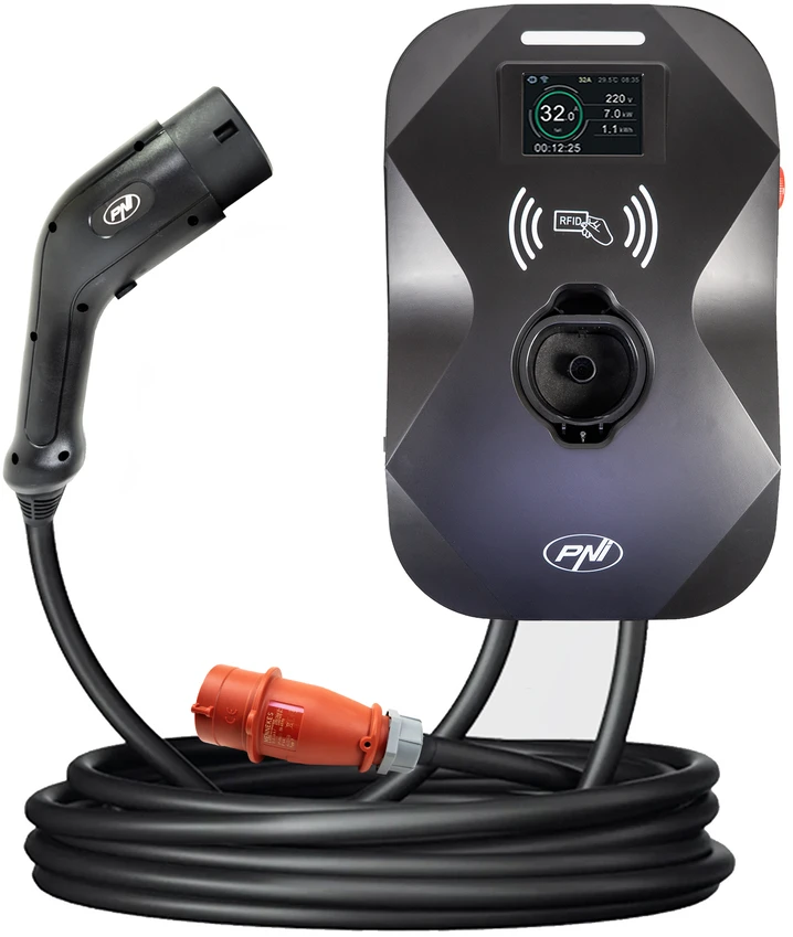 PNI KW11 WIFI 16A įkrovimo stotelė, 11KW, elektromobiliams, 85V – 415V, trifazė, 7 kontaktų Type2 laidas, 3,5 colio ekranas, valdymas programėle, įkrovimo aktyvavimas programėle ir RFID kortele, IP55