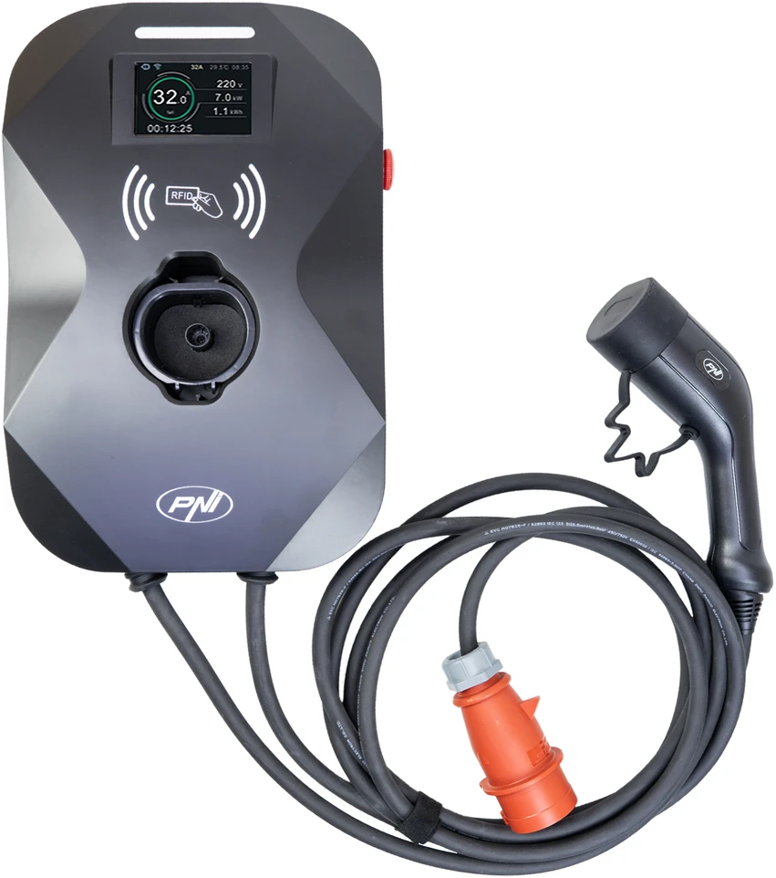 PNI KW11 WIFI 16A įkrovimo stotelė, 11KW, elektromobiliams, 85V – 415V, trifazė, 7 kontaktų Type2 laidas, 3,5 colio ekranas, valdymas programėle, įkrovimo aktyvavimas programėle ir RFID kortele, IP55
