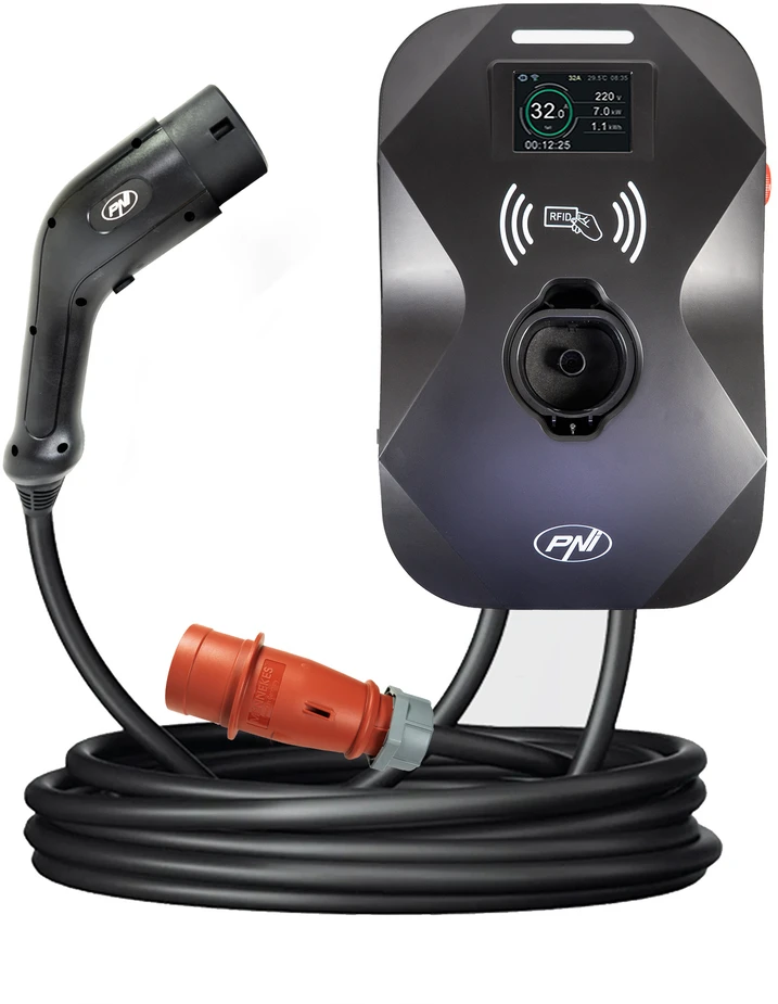 PNI KW22 WiFi 32A įkrovimo stotelė, 22KW, elektromobiliams, 85V – 415V, trifazė, 2 tipo laidas su 7 kontaktais, 3,5 colio ekranas, valdymas programėle, įkrovimo aktyvavimas programėle ir RFID kortele, IP55