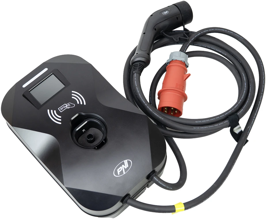PNI KW22 WiFi 32A įkrovimo stotelė, 22KW, elektromobiliams, 85V – 415V, trifazė, 2 tipo laidas su 7 kontaktais, 3,5 colio ekranas, valdymas programėle, įkrovimo aktyvavimas programėle ir RFID kortele, IP55