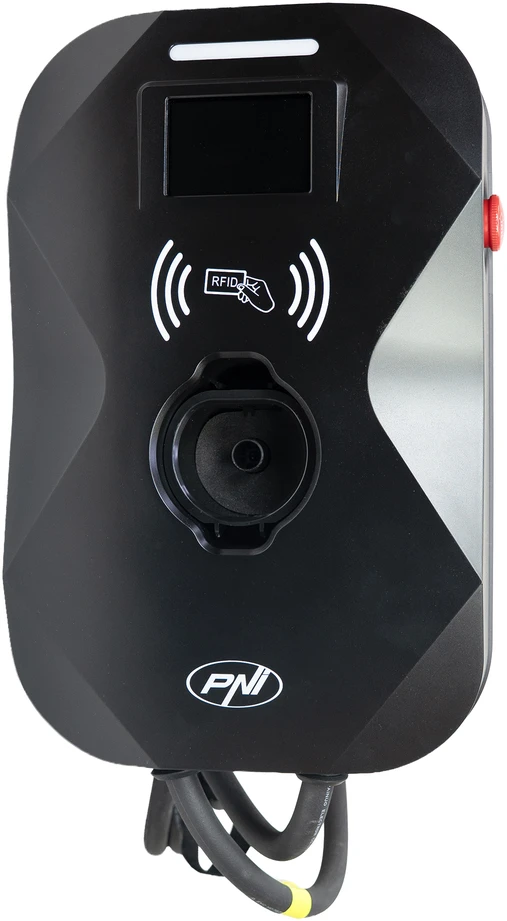 PNI KW22 WiFi 32A įkrovimo stotelė, 22KW, elektromobiliams, 85V – 415V, trifazė, 2 tipo laidas su 7 kontaktais, 3,5 colio ekranas, valdymas programėle, įkrovimo aktyvavimas programėle ir RFID kortele, IP55