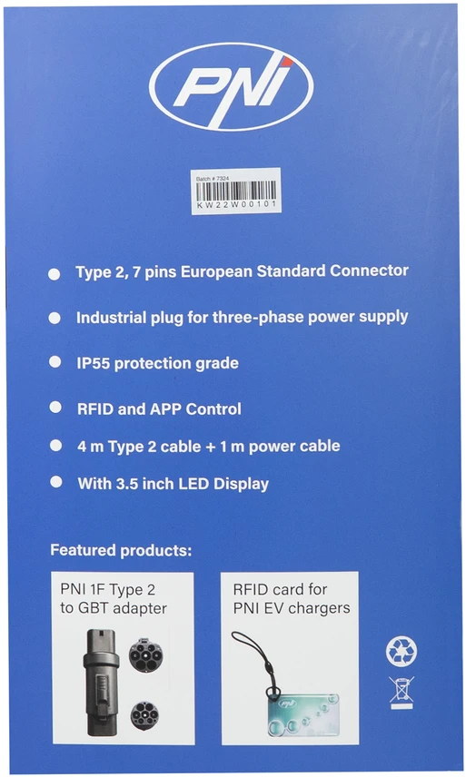 PNI KW22 WiFi 32A įkrovimo stotelė, 22KW, elektromobiliams, 85V – 415V, trifazė, 2 tipo laidas su 7 kontaktais, 3,5 colio ekranas, valdymas programėle, įkrovimo aktyvavimas programėle ir RFID kortele, IP55