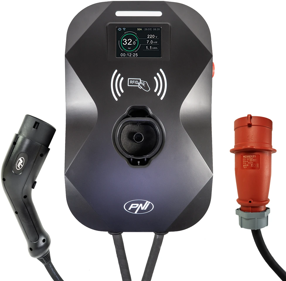 PNI KW22 WiFi 32A įkrovimo stotelė, 22KW, elektromobiliams, 85V – 415V, trifazė, 2 tipo laidas su 7 kontaktais, 3,5 colio ekranas, valdymas programėle, įkrovimo aktyvavimas programėle ir RFID kortele, IP55