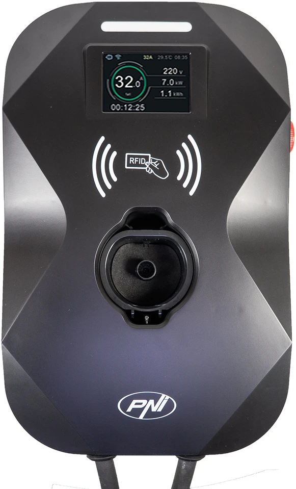 PNI KW22 WiFi 32A įkrovimo stotelė, 22KW, elektromobiliams, 85V – 415V, trifazė, 2 tipo laidas su 7 kontaktais, 3,5 colio ekranas, valdymas programėle, įkrovimo aktyvavimas programėle ir RFID kortele, IP55