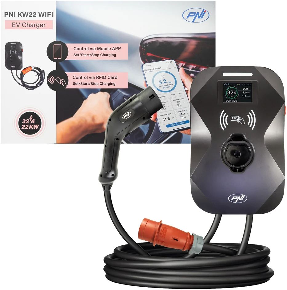 PNI KW22 WiFi 32A įkrovimo stotelė, 22KW, elektromobiliams, 85V – 415V, trifazė, 2 tipo laidas su 7 kontaktais, 3,5 colio ekranas, valdymas programėle, įkrovimo aktyvavimas programėle ir RFID kortele, IP55