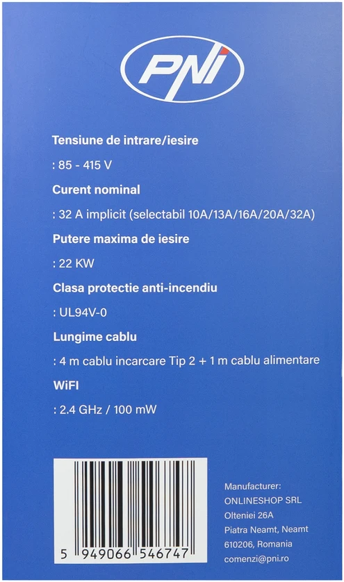 PNI KW22 WiFi 32A įkrovimo stotelė, 22KW, elektromobiliams, 85V – 415V, trifazė, 2 tipo laidas su 7 kontaktais, 3,5 colio ekranas, valdymas programėle, įkrovimo aktyvavimas programėle ir RFID kortele, IP55