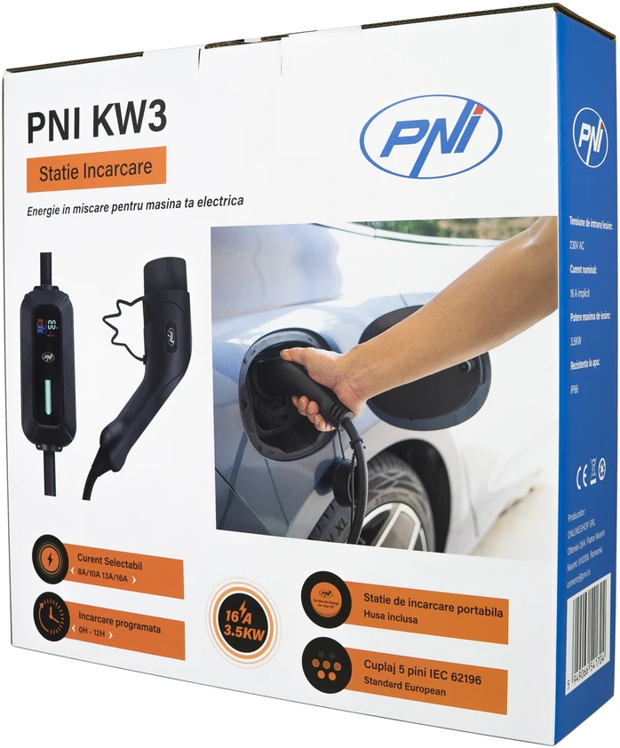 PNI KW3 16A 3.5KW nešiojamas įkroviklis elektromobiliams 230V, vienfazis, Type 2 jungtis, atsparus vandeniui