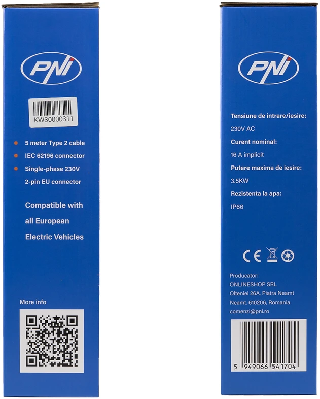 PNI KW3 16A 3.5KW nešiojamas įkroviklis elektromobiliams 230V, vienfazis, Type 2 jungtis, atsparus vandeniui